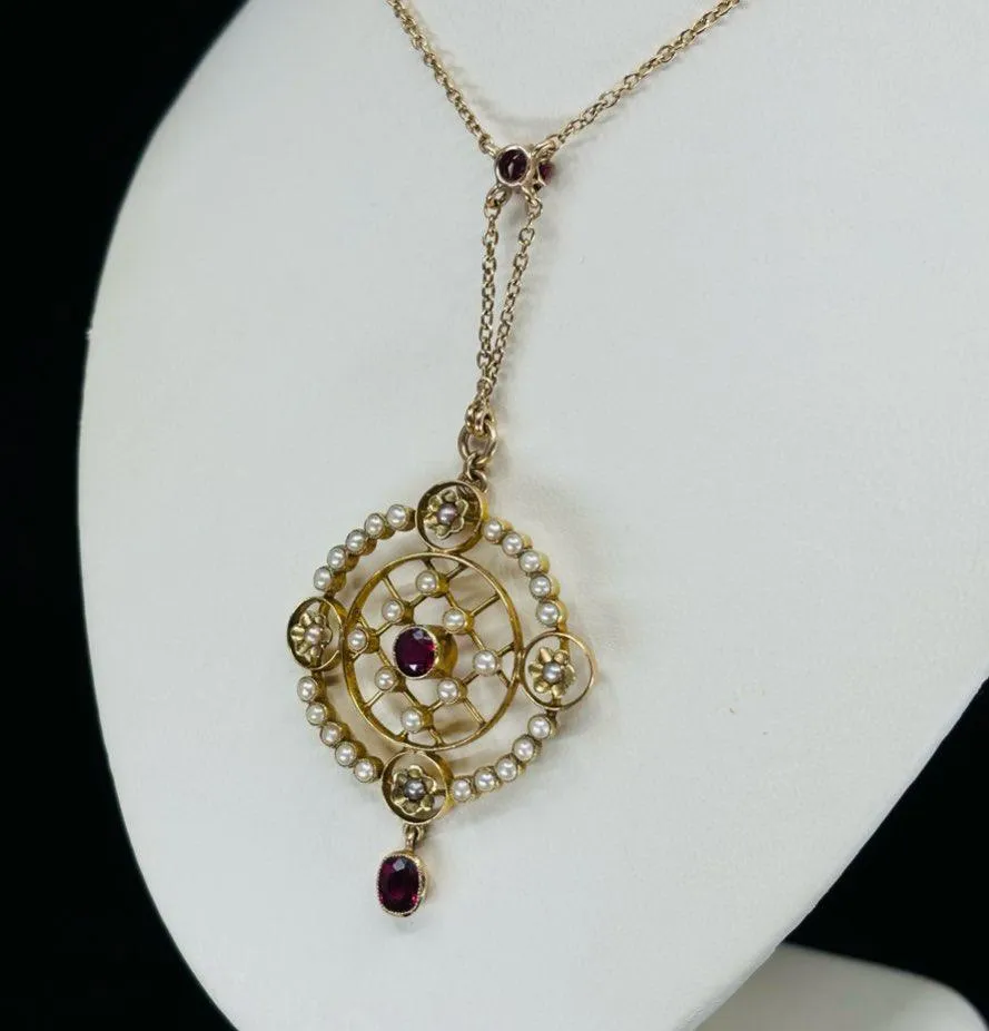 Edwardian Ruby and Pearl Pendant Necklace