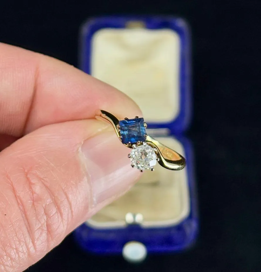 Edwardian Square Cut Sapphire and Old Cut Diamond Ring