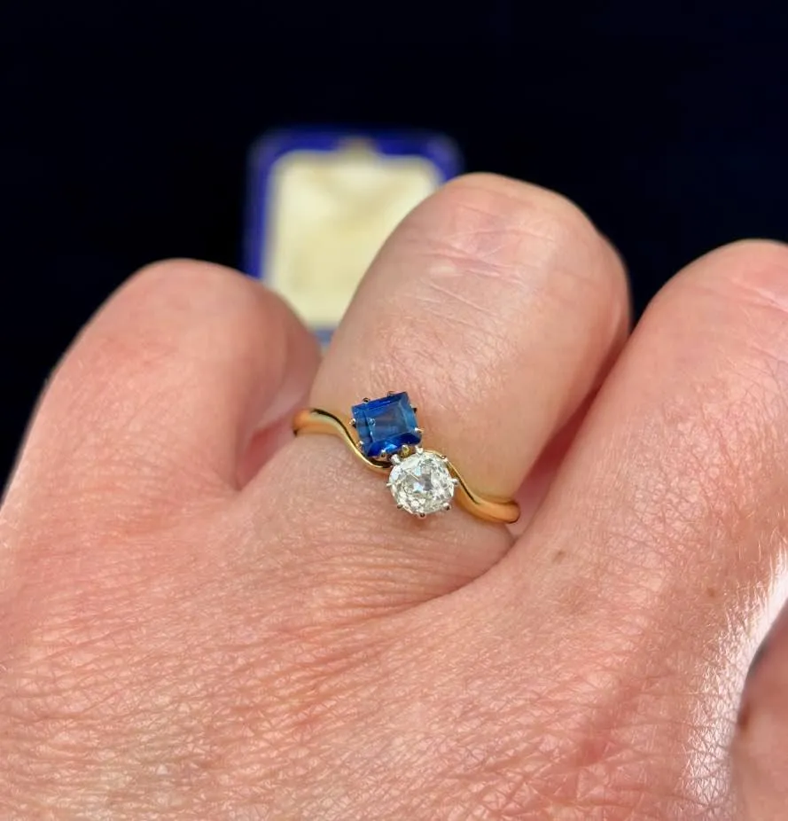 Edwardian Square Cut Sapphire and Old Cut Diamond Ring