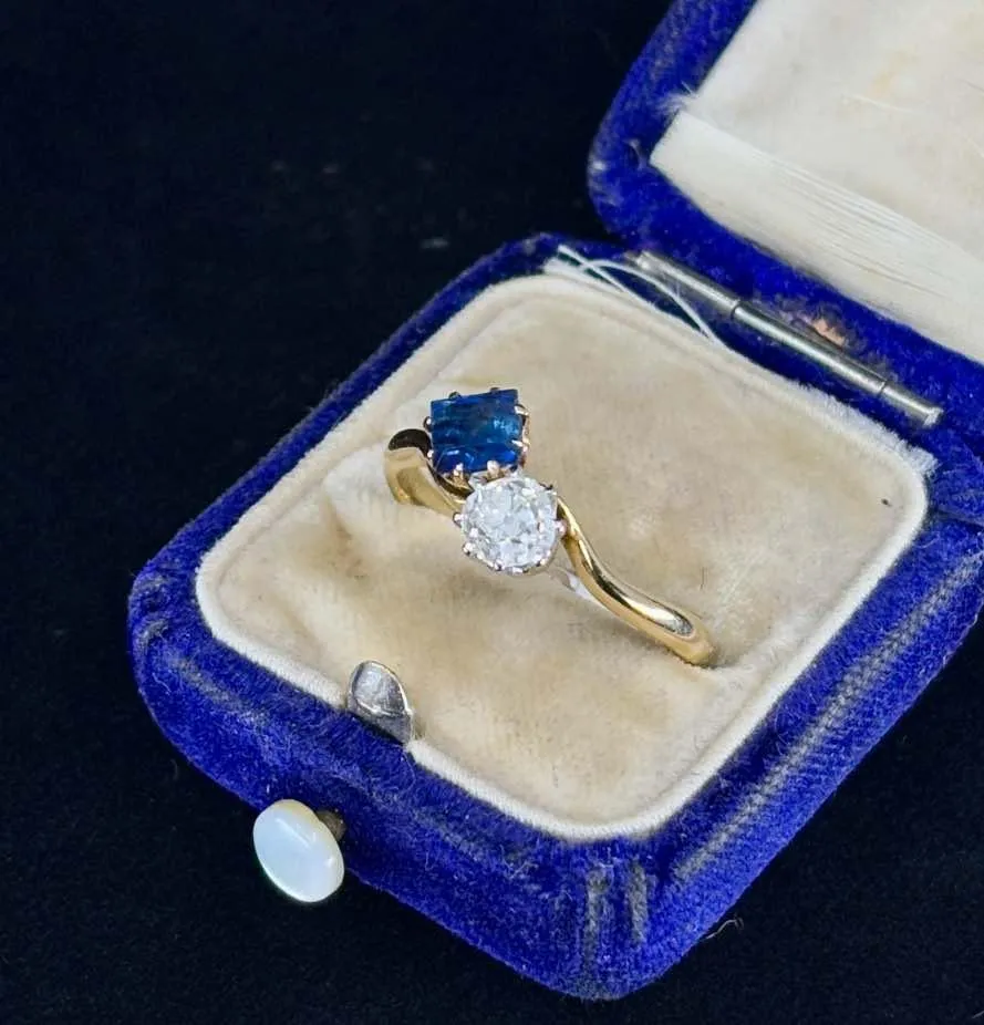Edwardian Square Cut Sapphire and Old Cut Diamond Ring