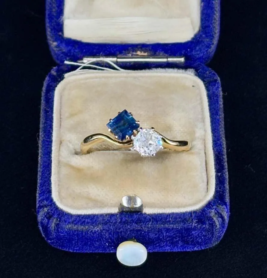 Edwardian Square Cut Sapphire and Old Cut Diamond Ring