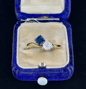 Edwardian Square Cut Sapphire and Old Cut Diamond Ring