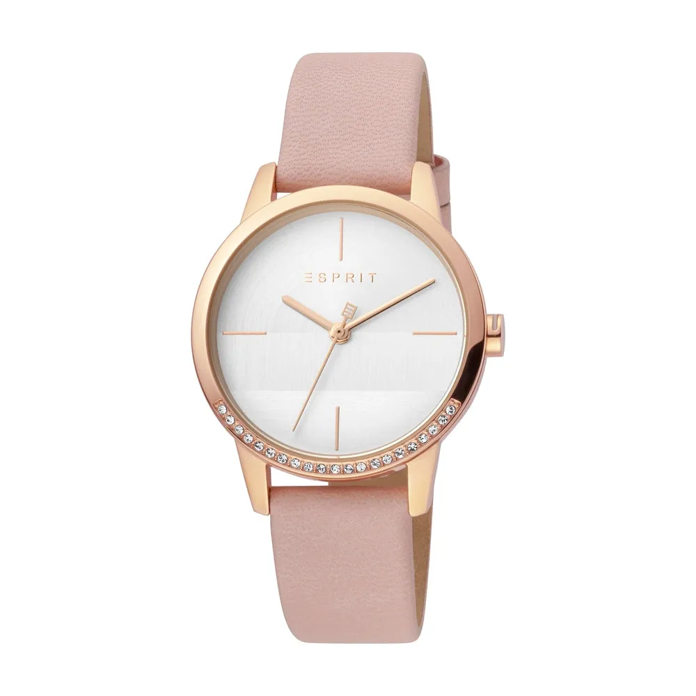 Esprit Ladies IP RG Stainless Steel Watch Stones on Bezel Silver Color Dial & Pink Strap
