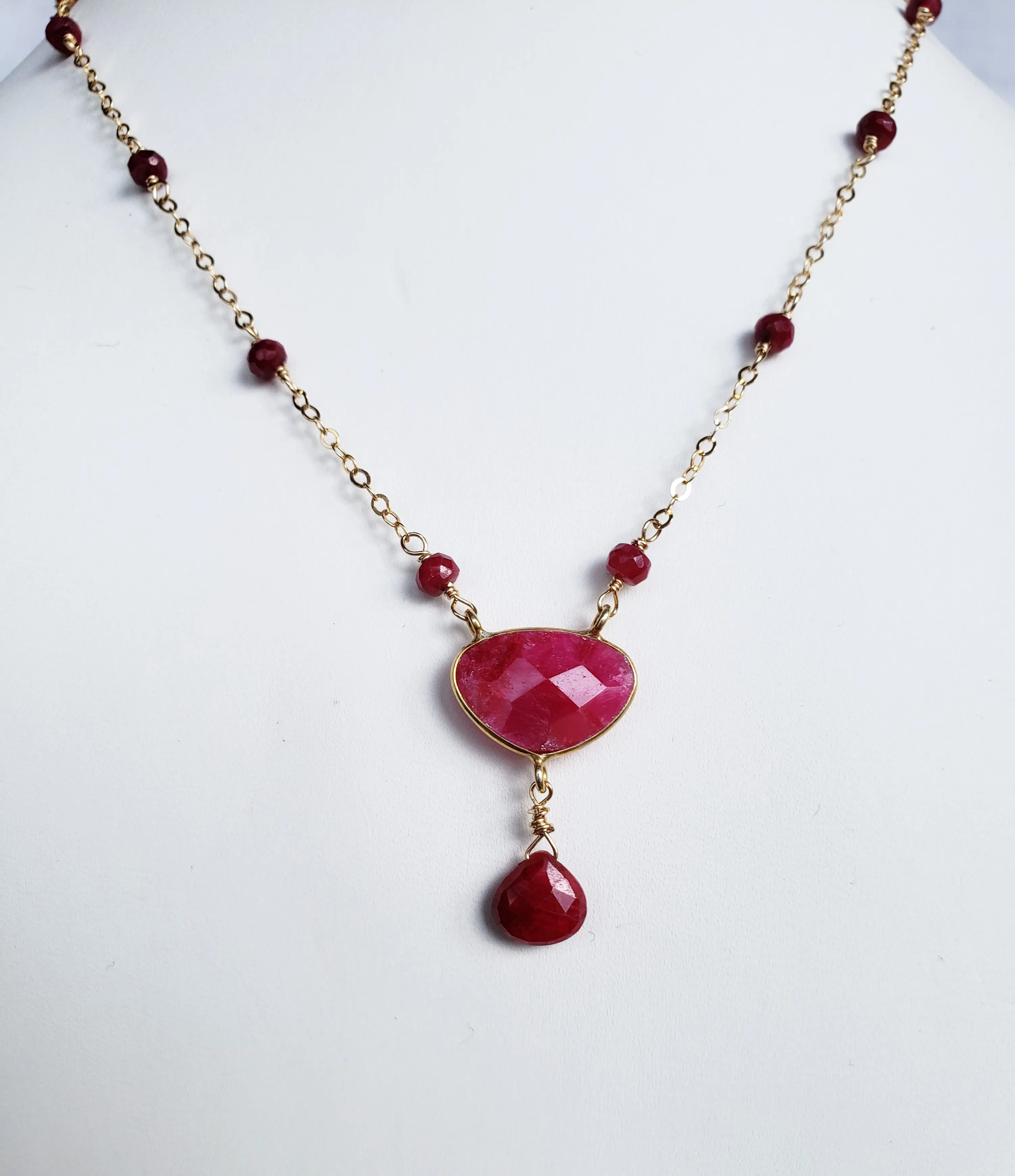 Faceted Ruby Beaded Gold Filled Necklace With a Bezel Set Ruby Oval and Tear Drop.