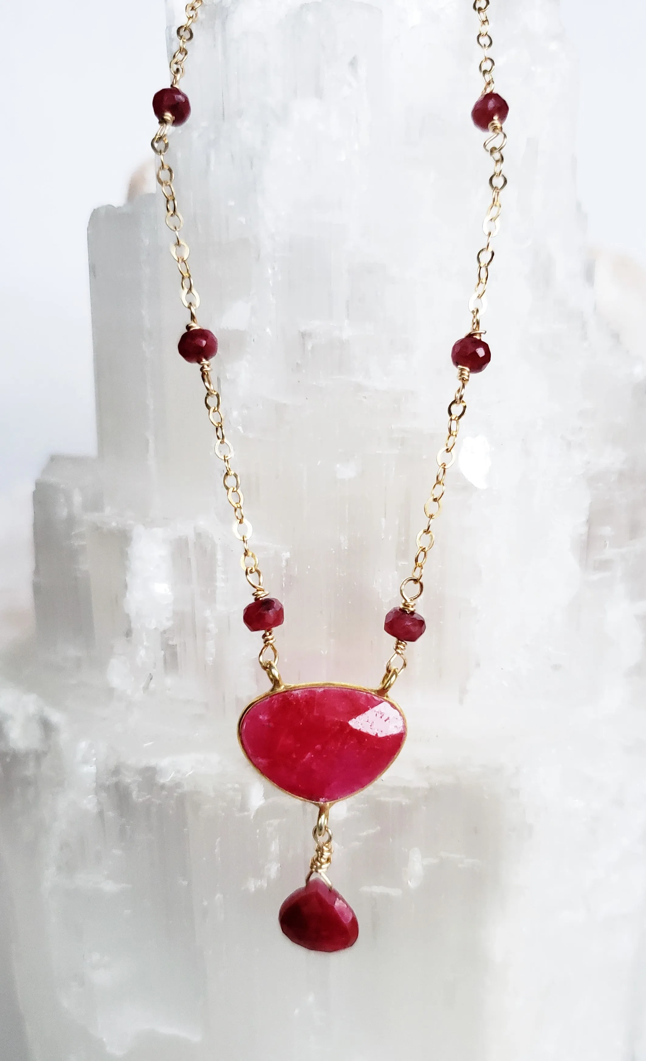 Faceted Ruby Beaded Gold Filled Necklace With a Bezel Set Ruby Oval and Tear Drop.