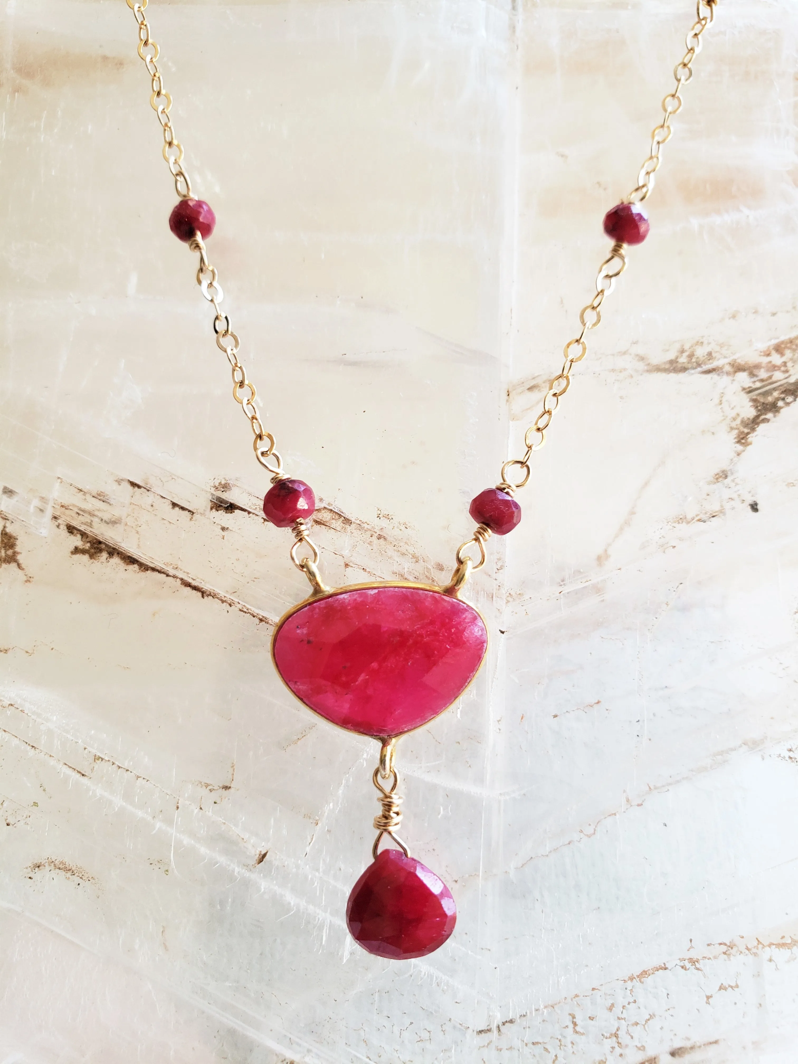Faceted Ruby Beaded Gold Filled Necklace With a Bezel Set Ruby Oval and Tear Drop.