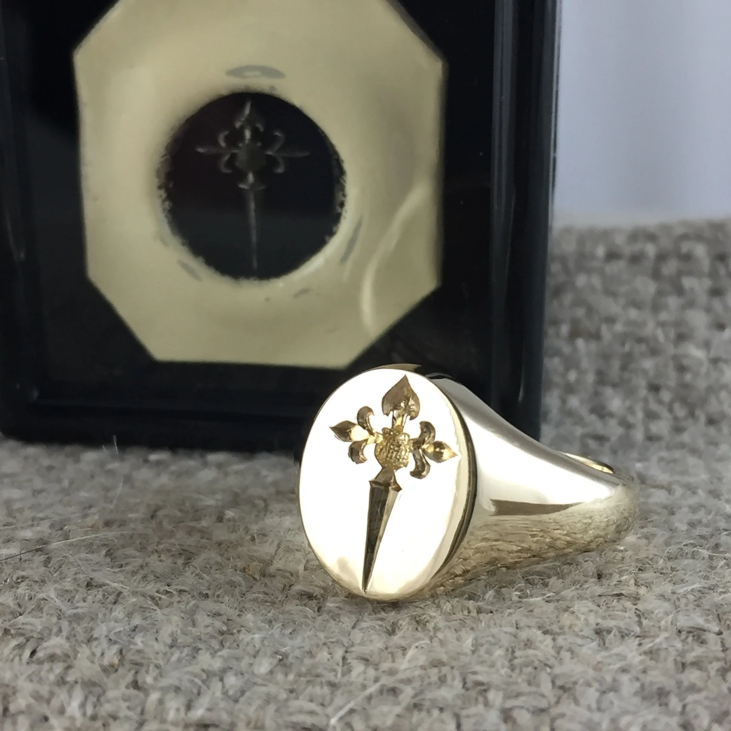 Family Crest Seal Engraved 13mm x 11mm  -  9 Carat Yellow Gold Signet Ring