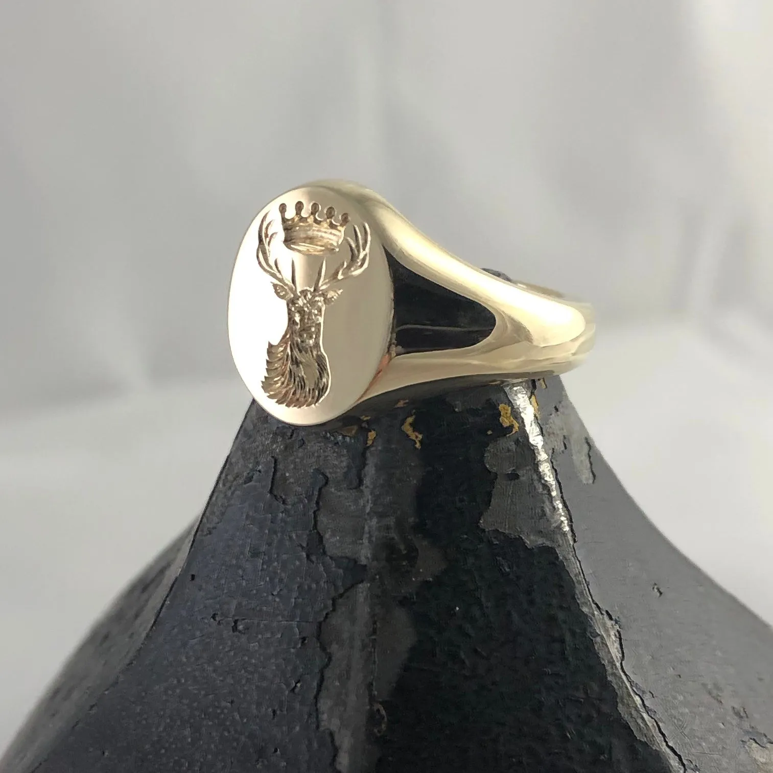 Family Crest Seal Engraved 13mm x 11mm  -  9 Carat Yellow Gold Signet Ring
