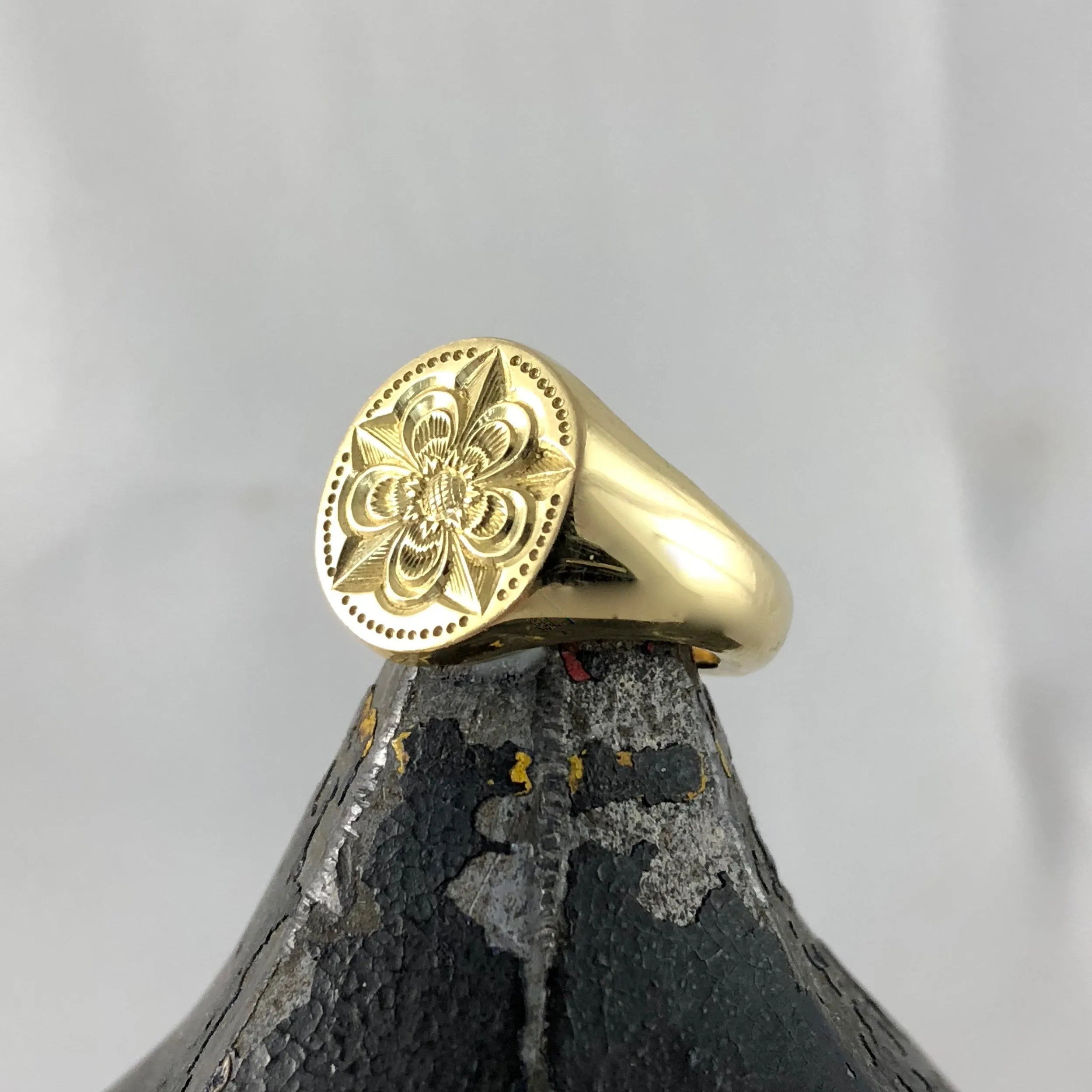 Family Crest Seal Engraved 14mm x 12mm  -  18 Carat Yellow Gold Signet Ring