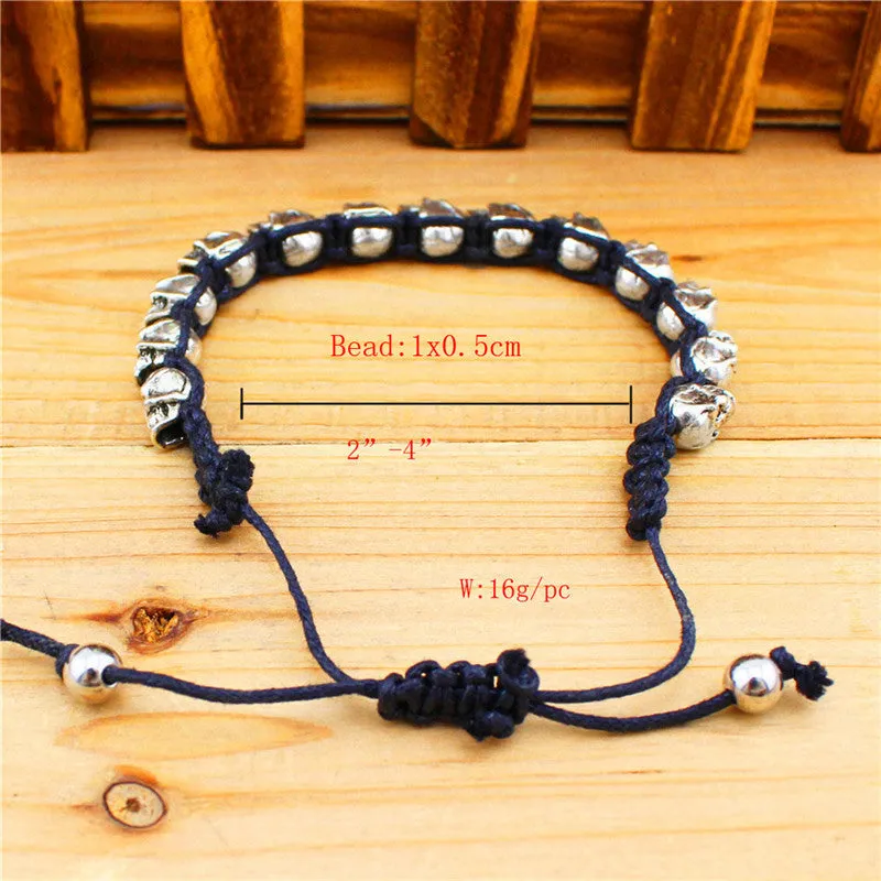 Fashion Jewelry Vintage Look Silver Plated Handmade Rope Woven Skull Bead Bracelet