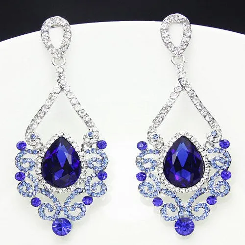 Fashion Jewelry Women Drop Earrings Blue Rhinestone Silver Plated Chandelier