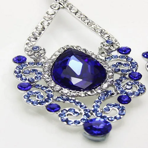 Fashion Jewelry Women Drop Earrings Blue Rhinestone Silver Plated Chandelier