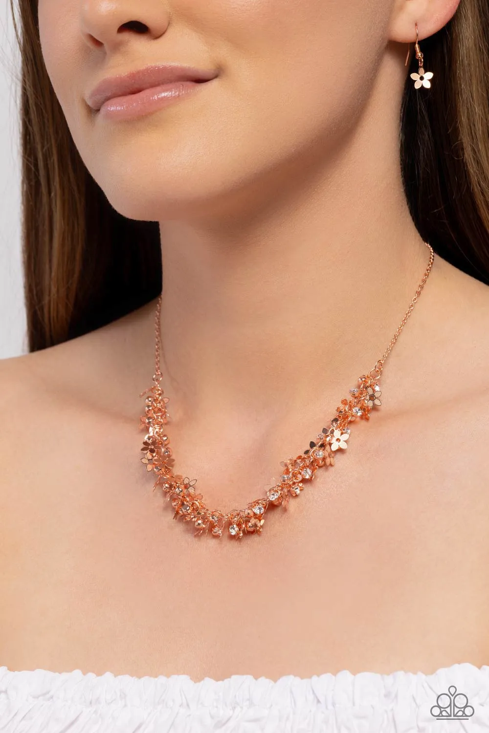 Fearlessly Floral - Copper - Flower and White Rhinestone Paparazzi Short Necklace
