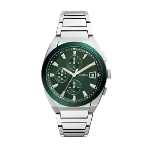 Fossil Everett Silver Stainless Steel Green Dial Chronograph Quartz Watch for Gents - FS5964