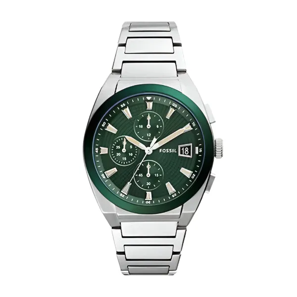Fossil Everett Silver Stainless Steel Green Dial Chronograph Quartz Watch for Gents - FS5964