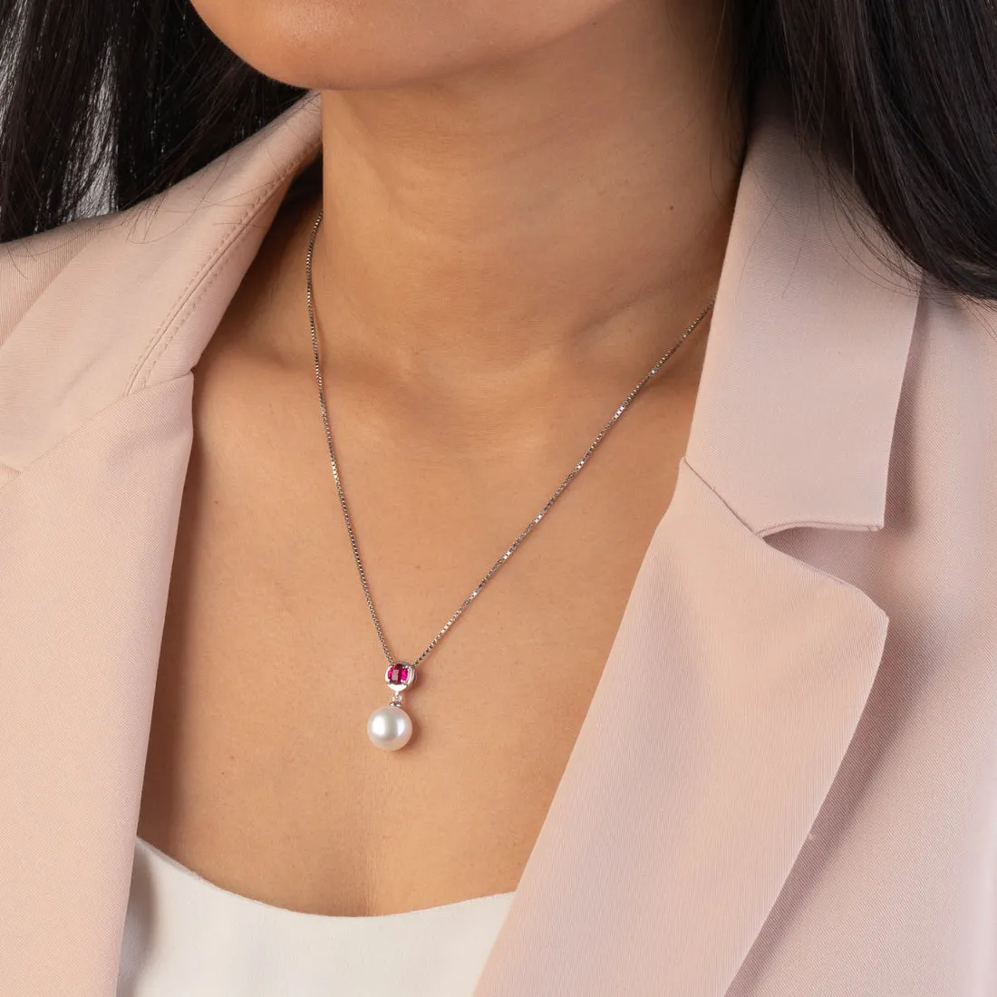 Freshwater Cultured 10mm White Pearl and Ruby Pendant Necklace Sterling Silver