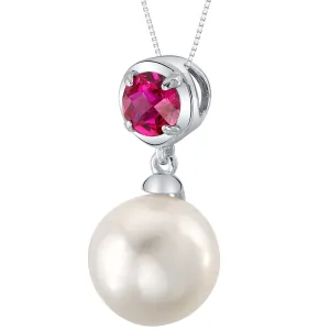 Freshwater Cultured 10mm White Pearl and Ruby Pendant Necklace Sterling Silver