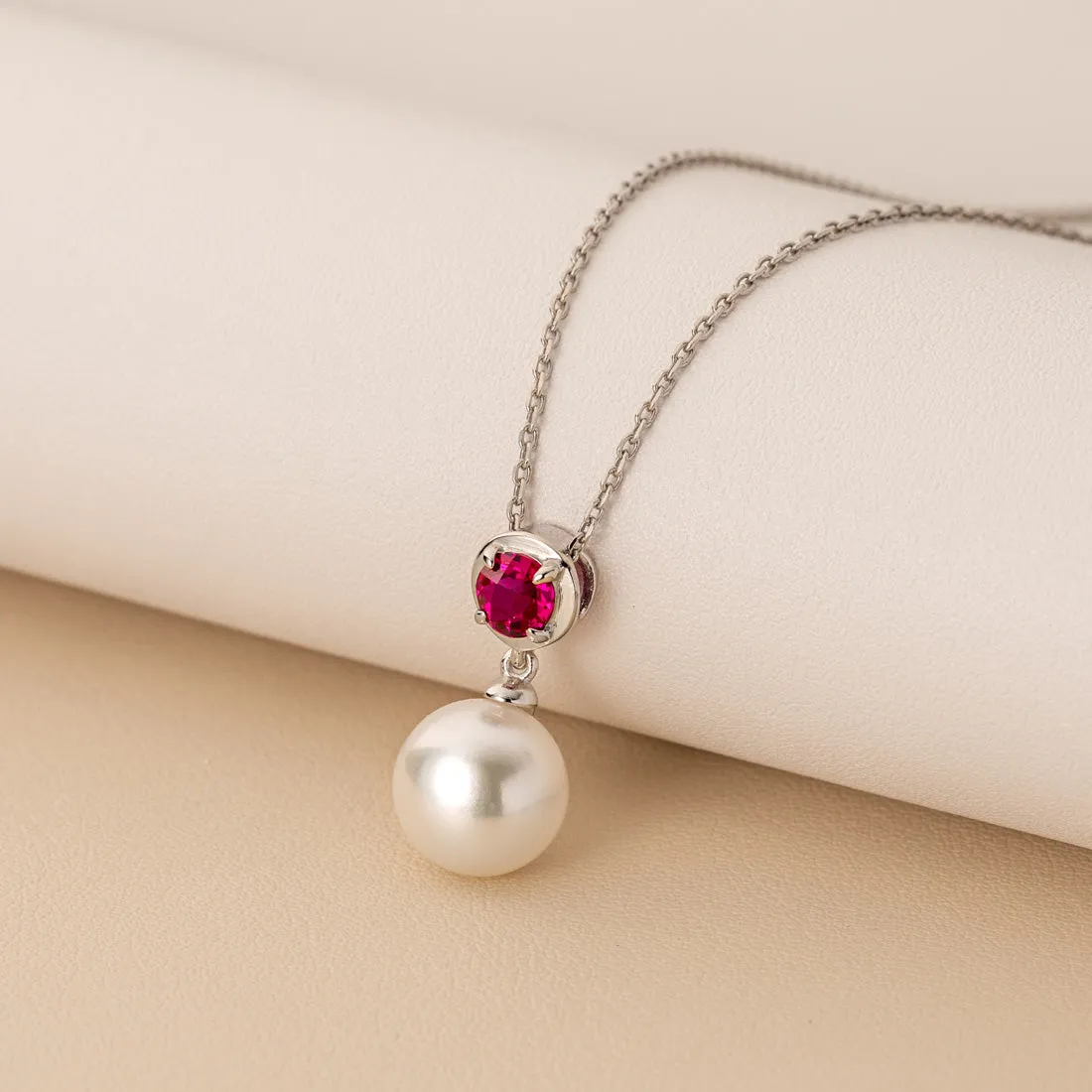 Freshwater Cultured 10mm White Pearl and Ruby Pendant Necklace Sterling Silver