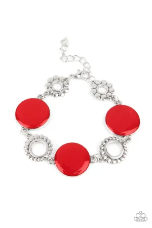 Garden Regalia - Red - Enamel Disc Silver Flower Paparazzi Lobster Claw Bracelet