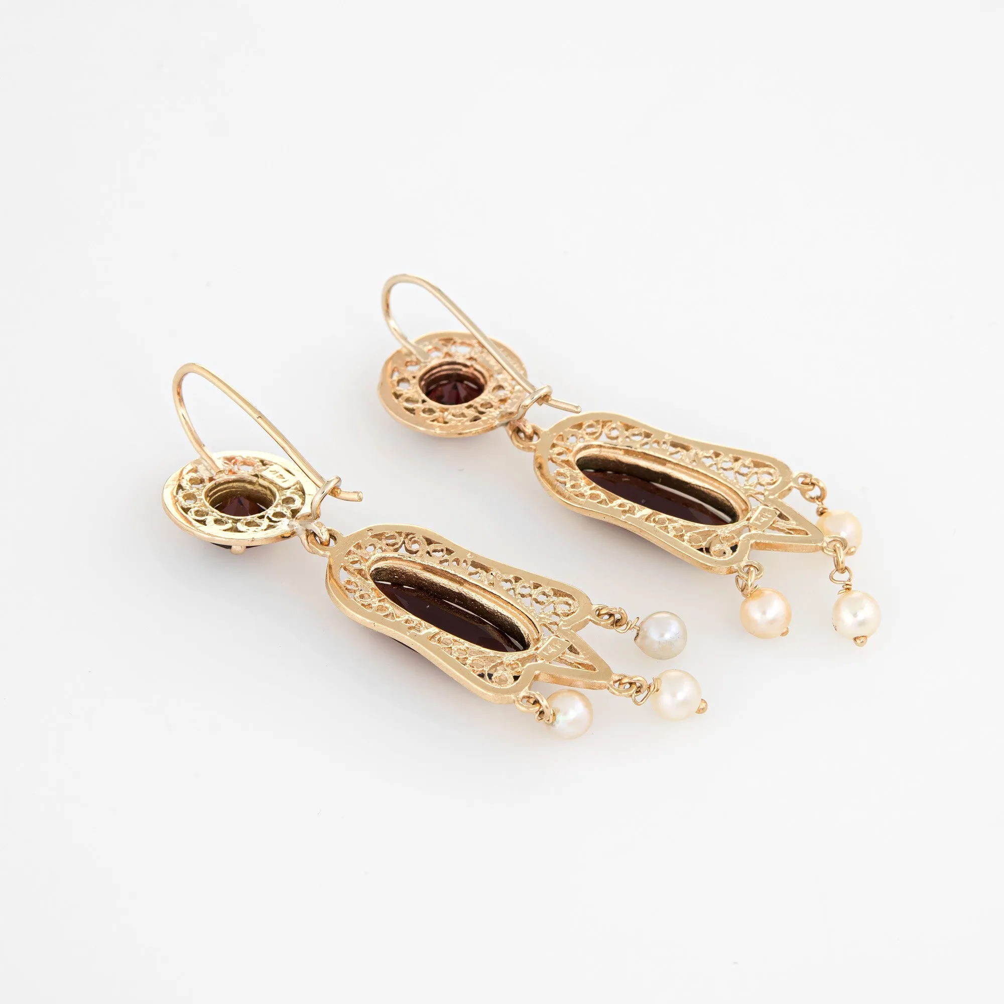 Garnet Cultured Pearl Earrings Vintage 14k Yellow Gold Drops Estate Fine Jewelry