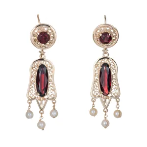 Garnet Cultured Pearl Earrings Vintage 14k Yellow Gold Drops Estate Fine Jewelry