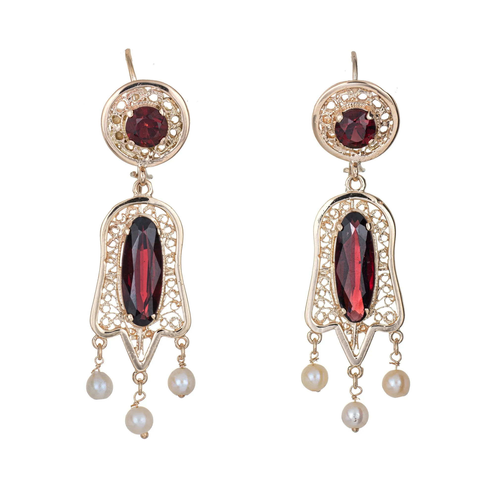 Garnet Cultured Pearl Earrings Vintage 14k Yellow Gold Drops Estate Fine Jewelry