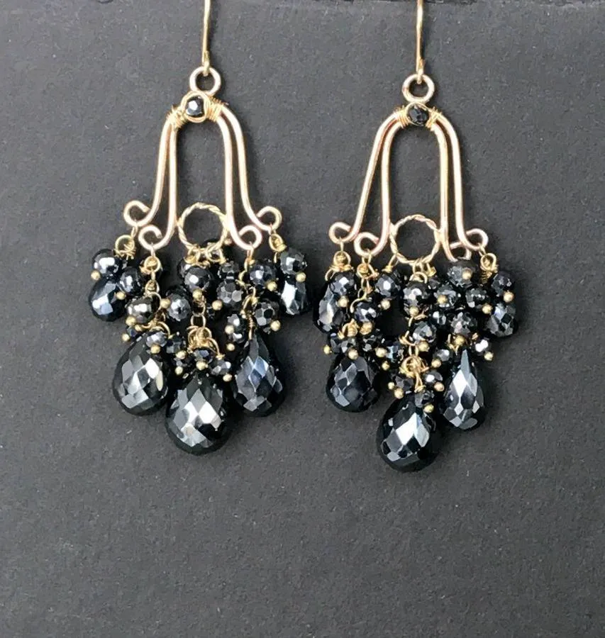 Gemstone Black Spinel Gold Fill Handmade Chandelier Earrings