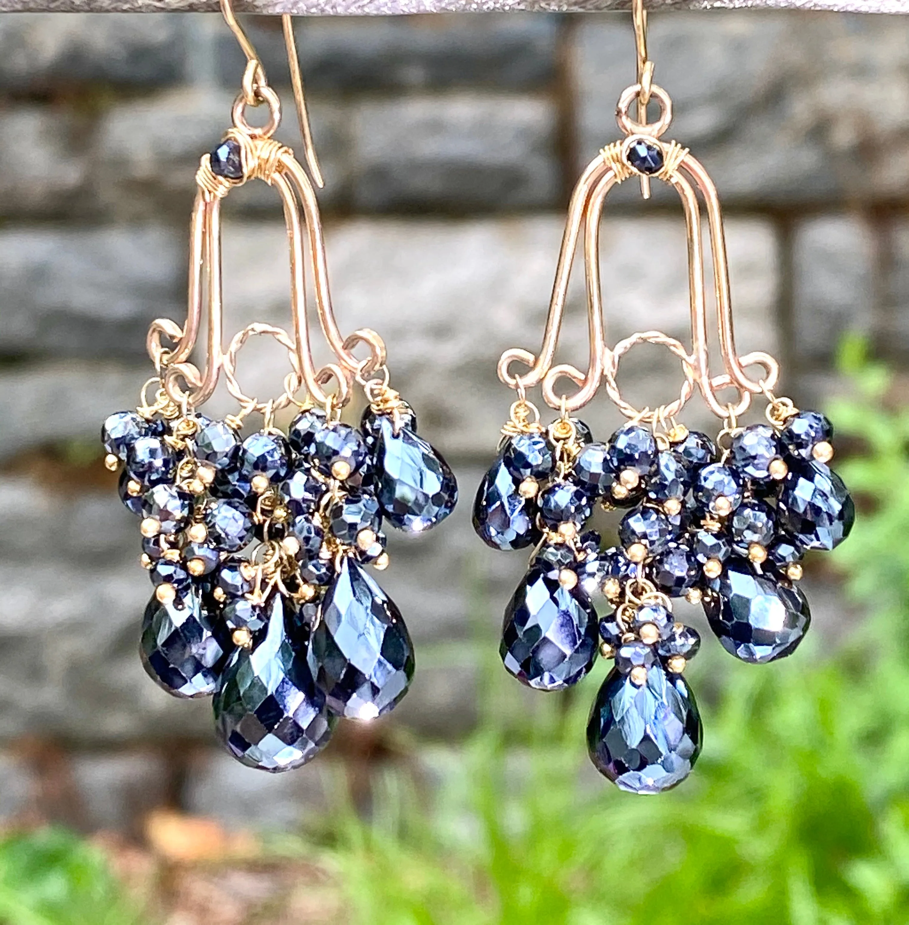 Gemstone Black Spinel Gold Fill Handmade Chandelier Earrings
