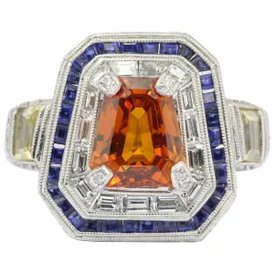 GIA Cert 18K White Gold Orang, Blue, Yellow Sapphire and Diamond Statement Ring