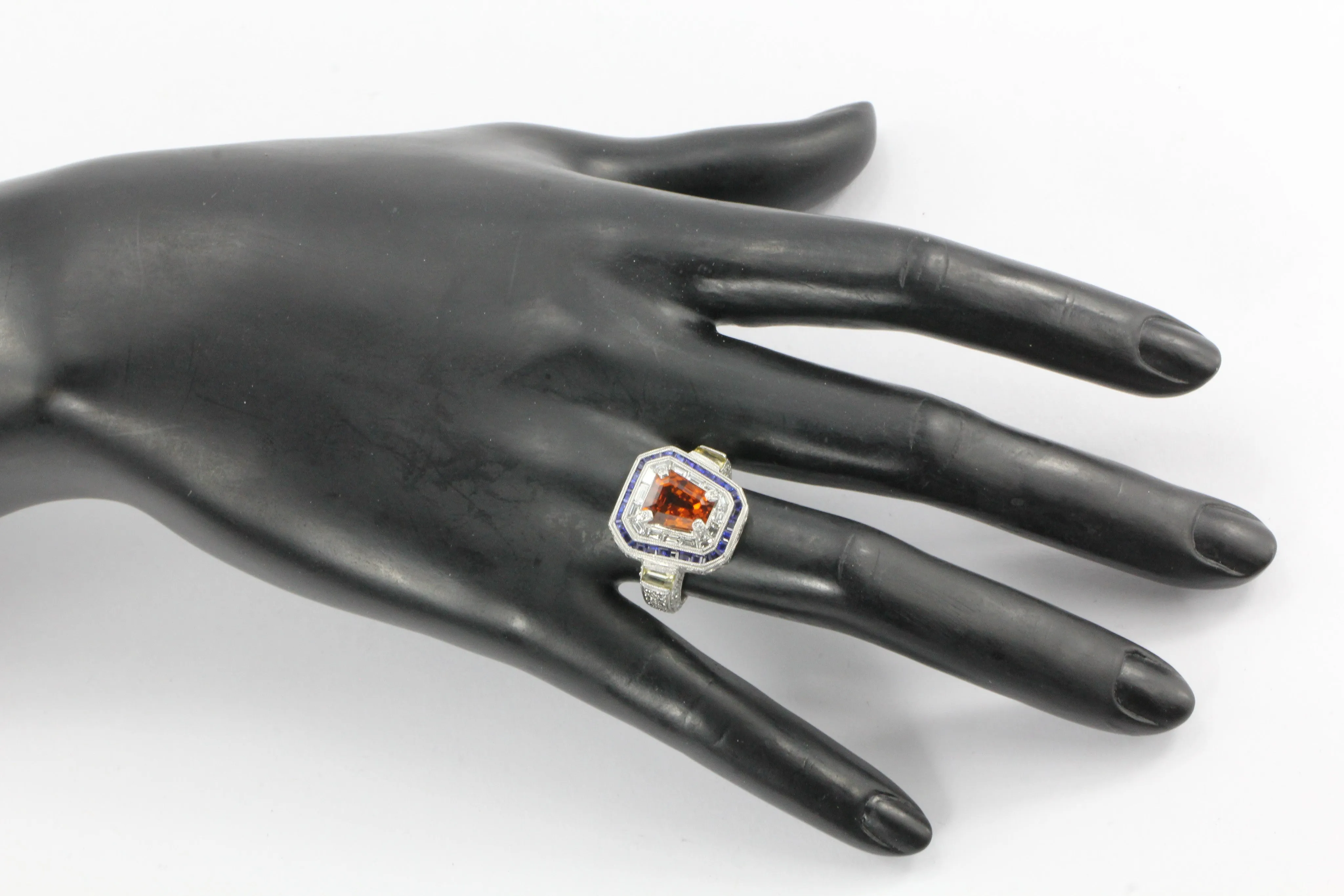 GIA Cert 18K White Gold Orang, Blue, Yellow Sapphire and Diamond Statement Ring
