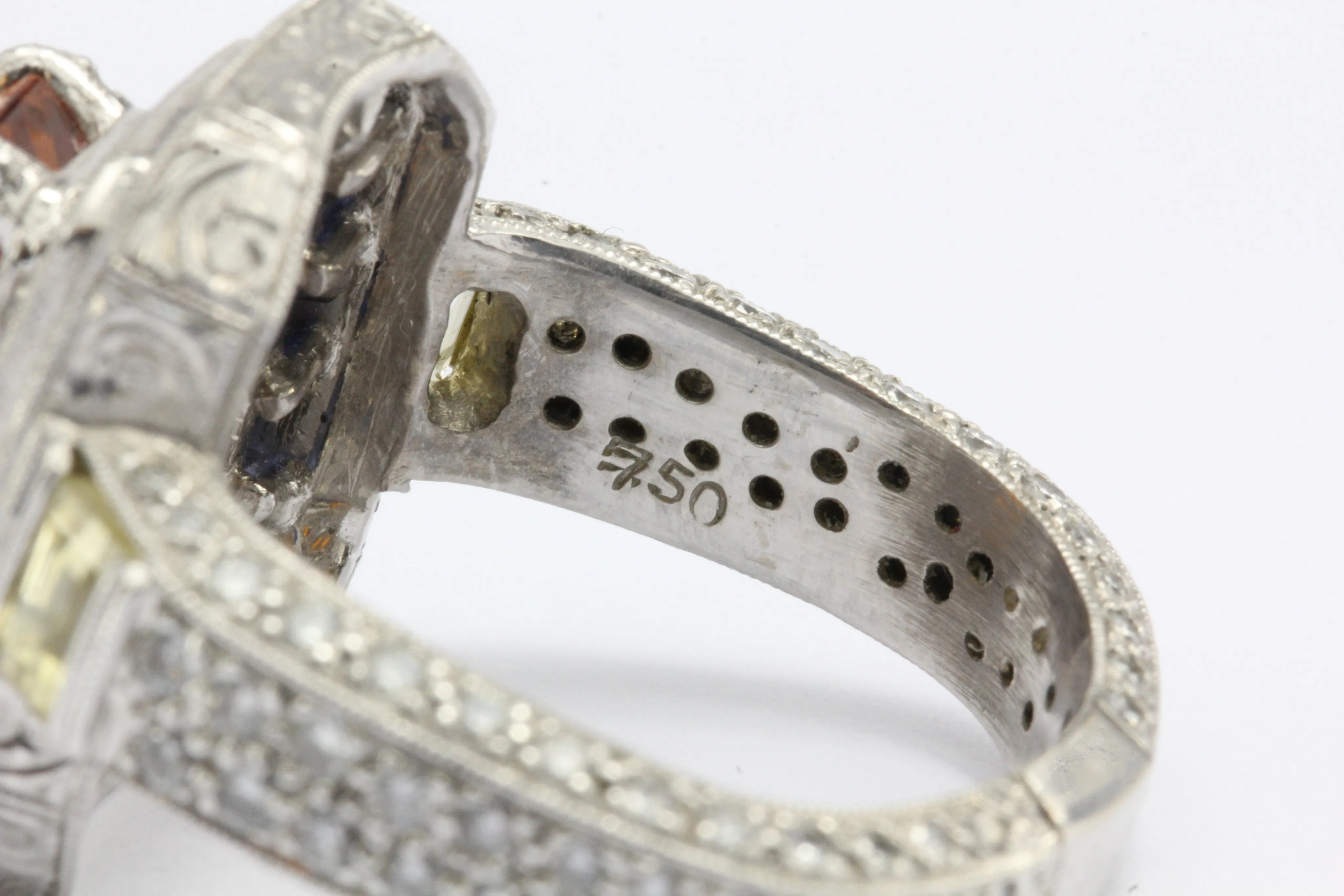 GIA Cert 18K White Gold Orang, Blue, Yellow Sapphire and Diamond Statement Ring