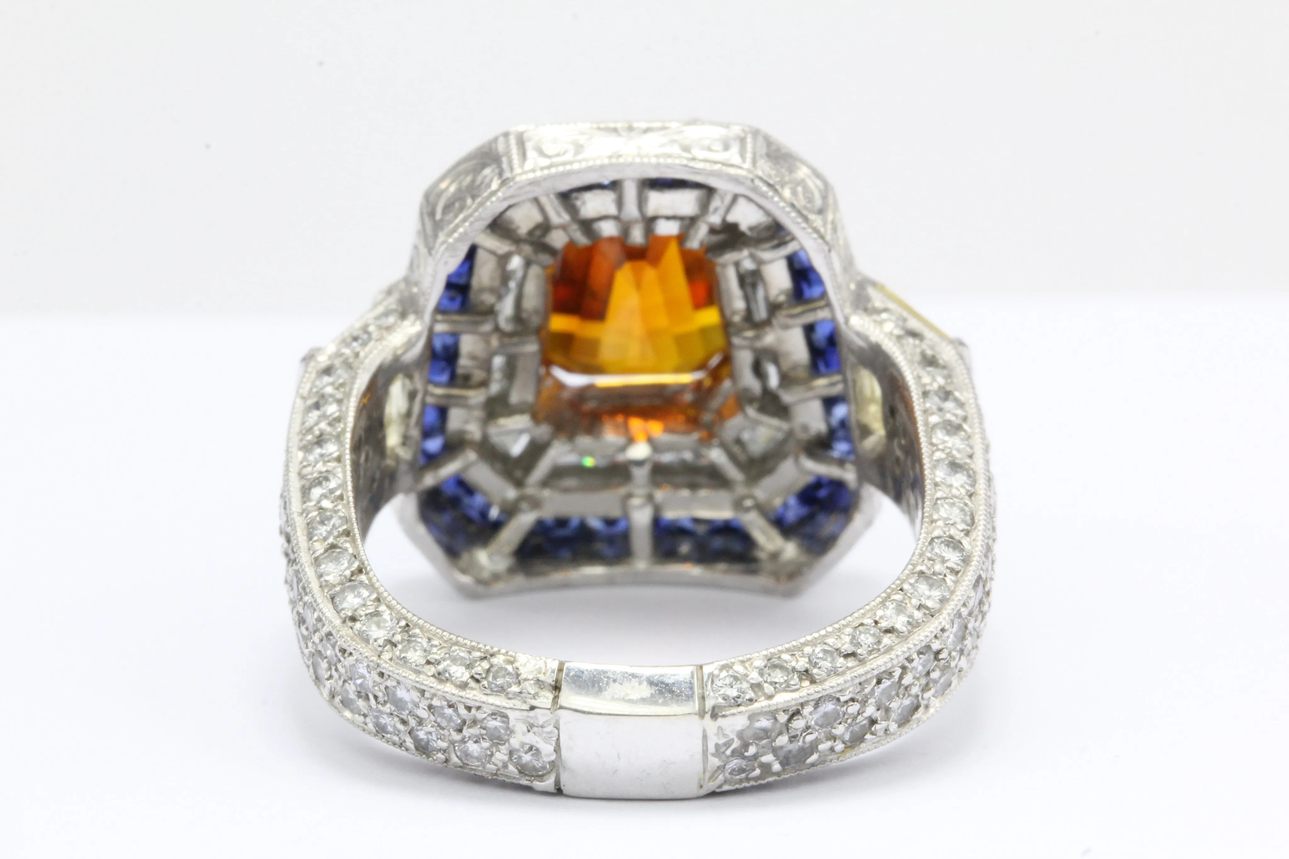 GIA Cert 18K White Gold Orang, Blue, Yellow Sapphire and Diamond Statement Ring
