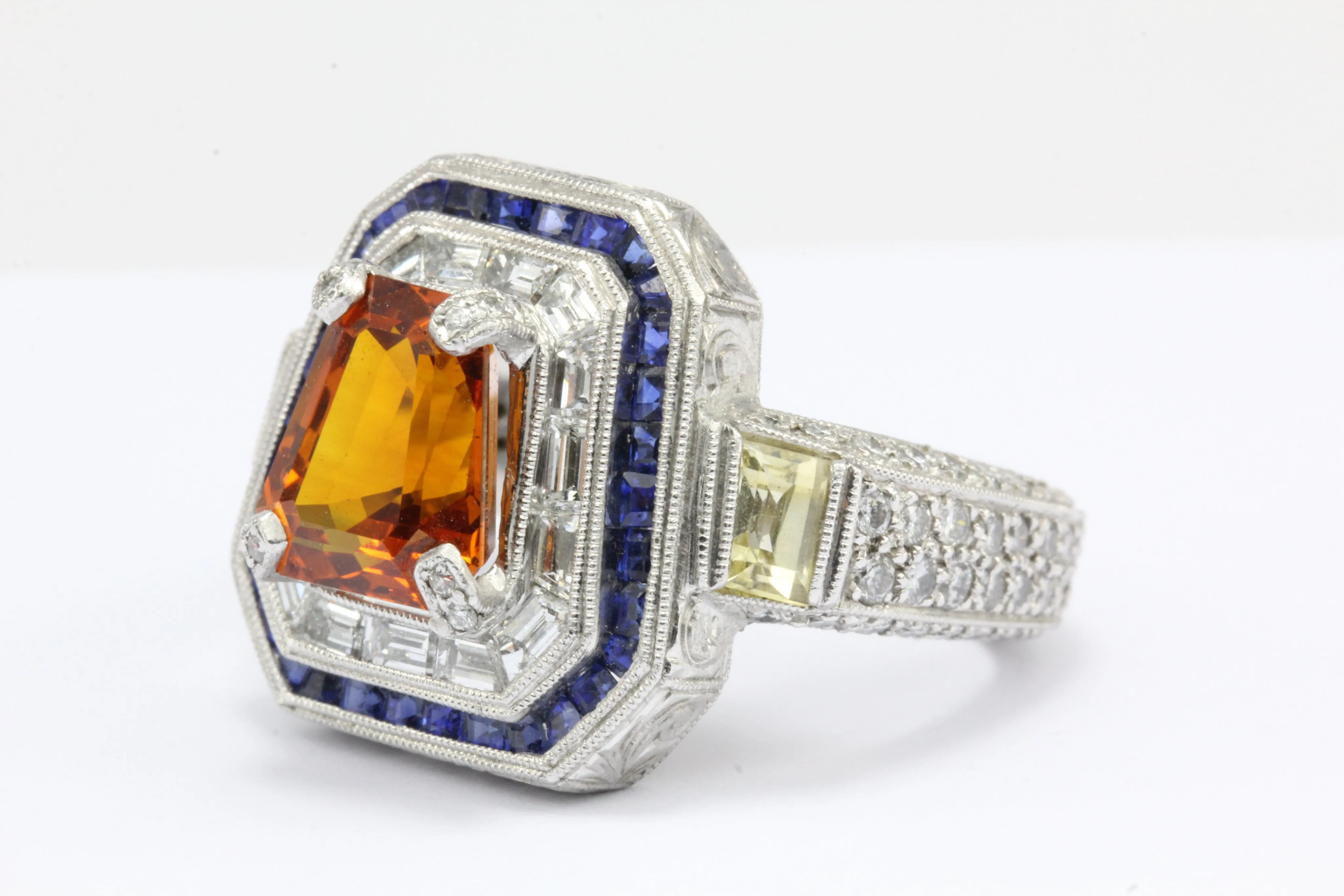 GIA Cert 18K White Gold Orang, Blue, Yellow Sapphire and Diamond Statement Ring