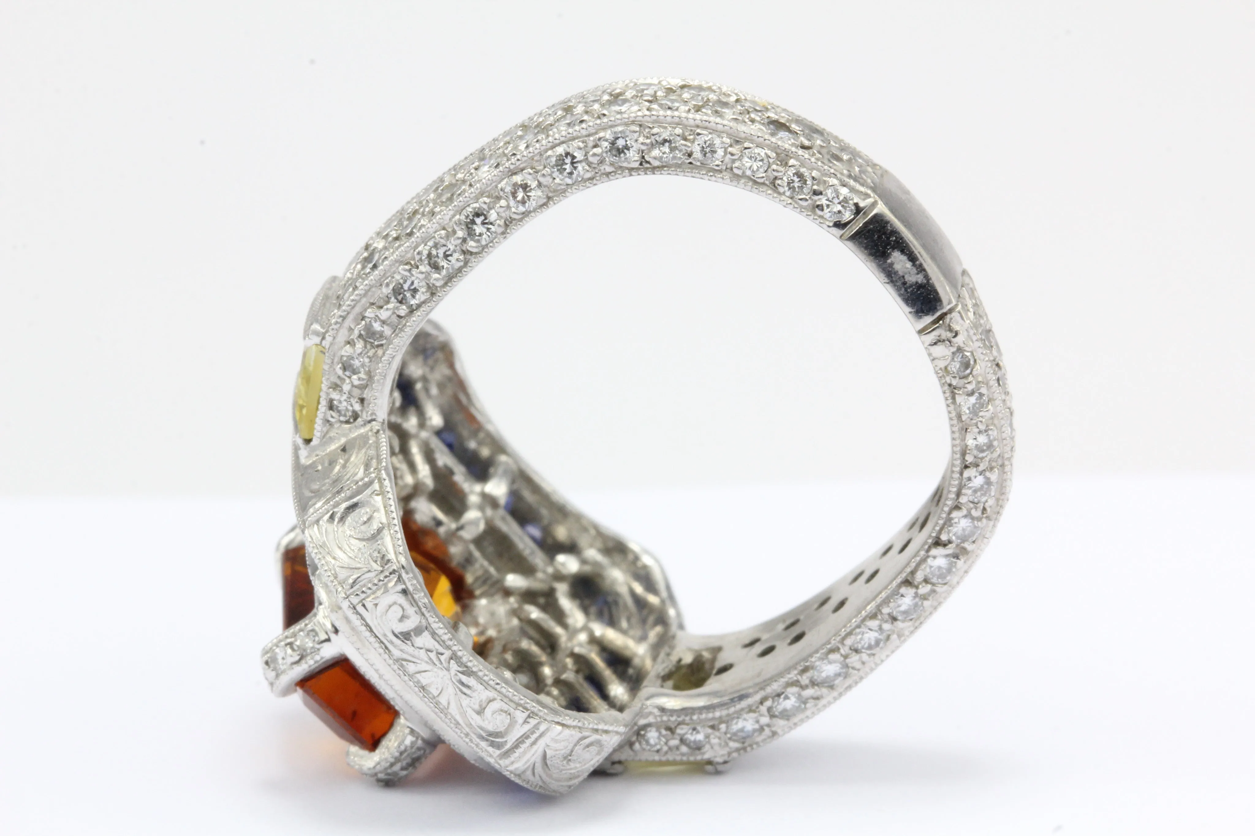 GIA Cert 18K White Gold Orang, Blue, Yellow Sapphire and Diamond Statement Ring