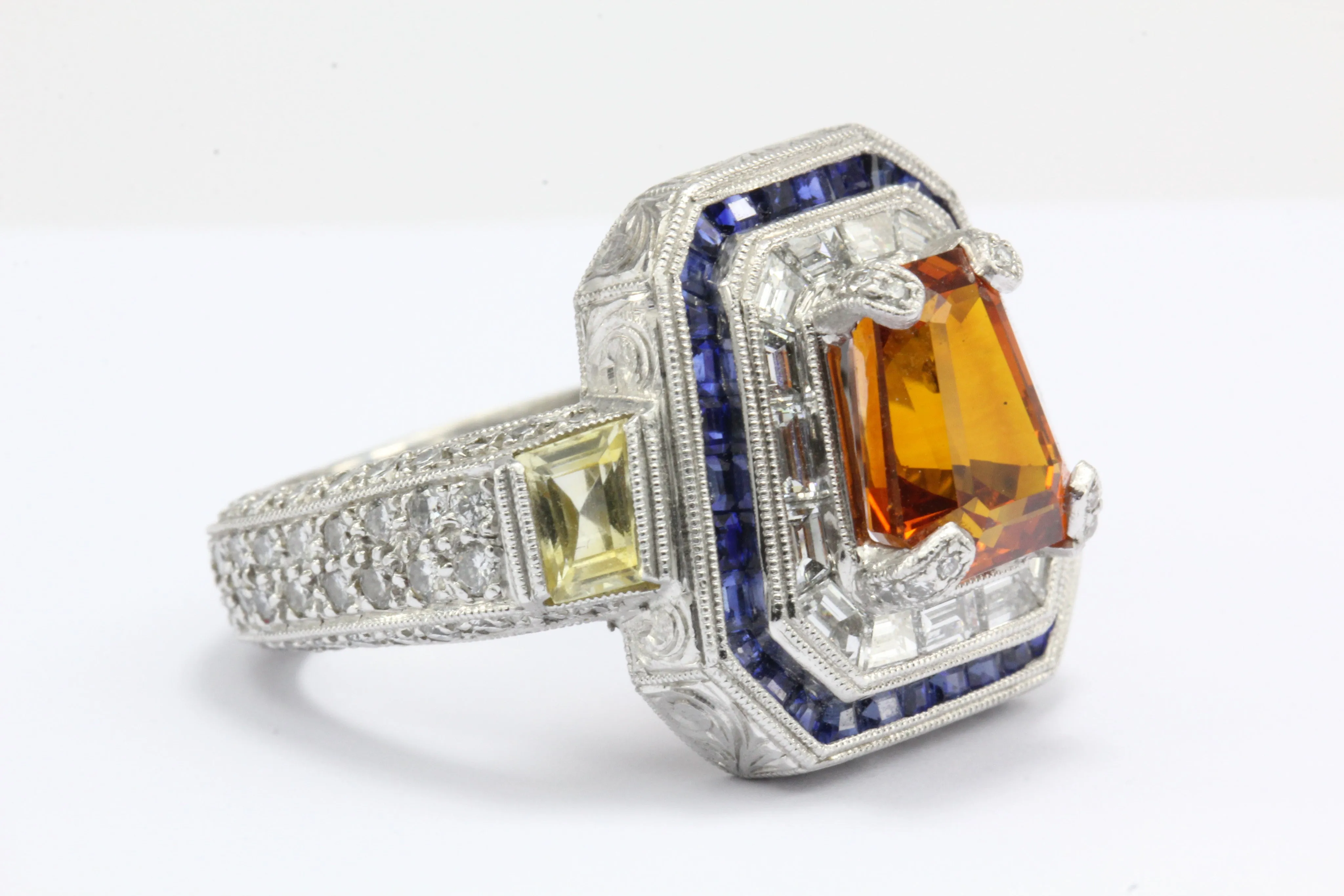 GIA Cert 18K White Gold Orang, Blue, Yellow Sapphire and Diamond Statement Ring