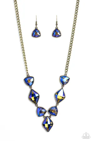 Glittering Geometrics - Brass - Purple Iridescent UV Gem Paparazzi Short Necklace
