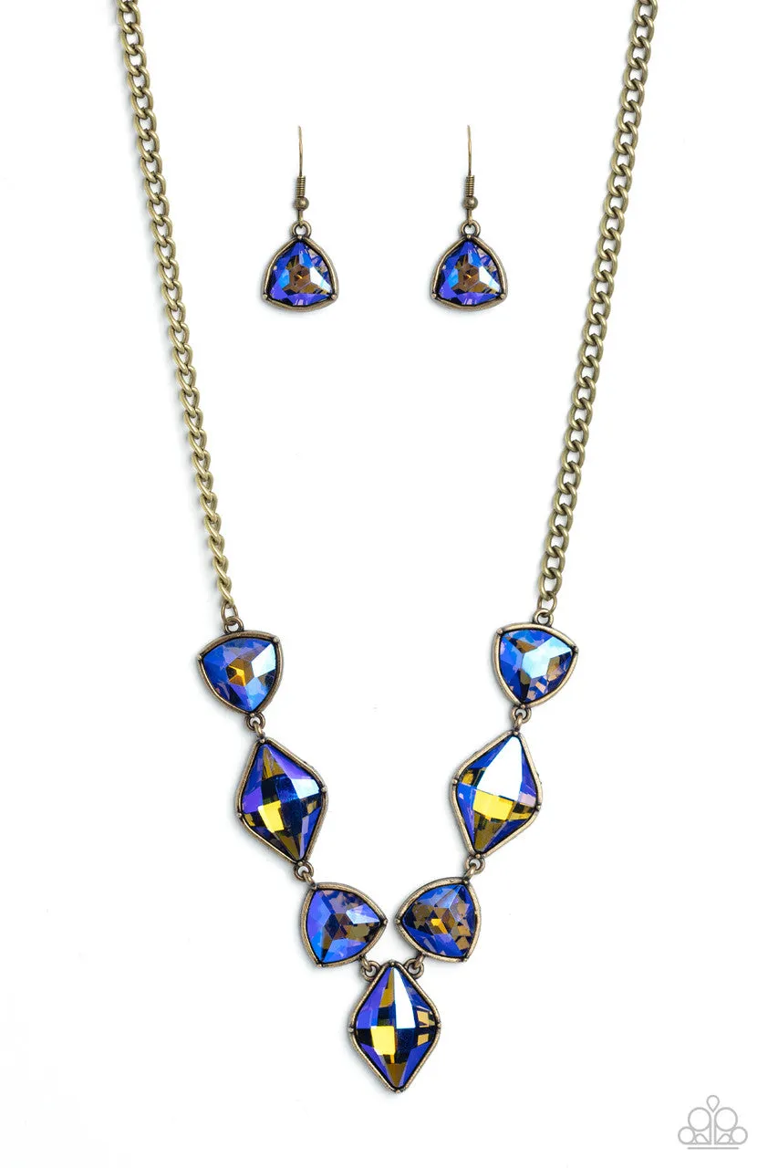 Glittering Geometrics - Brass - Purple Iridescent UV Gem Paparazzi Short Necklace