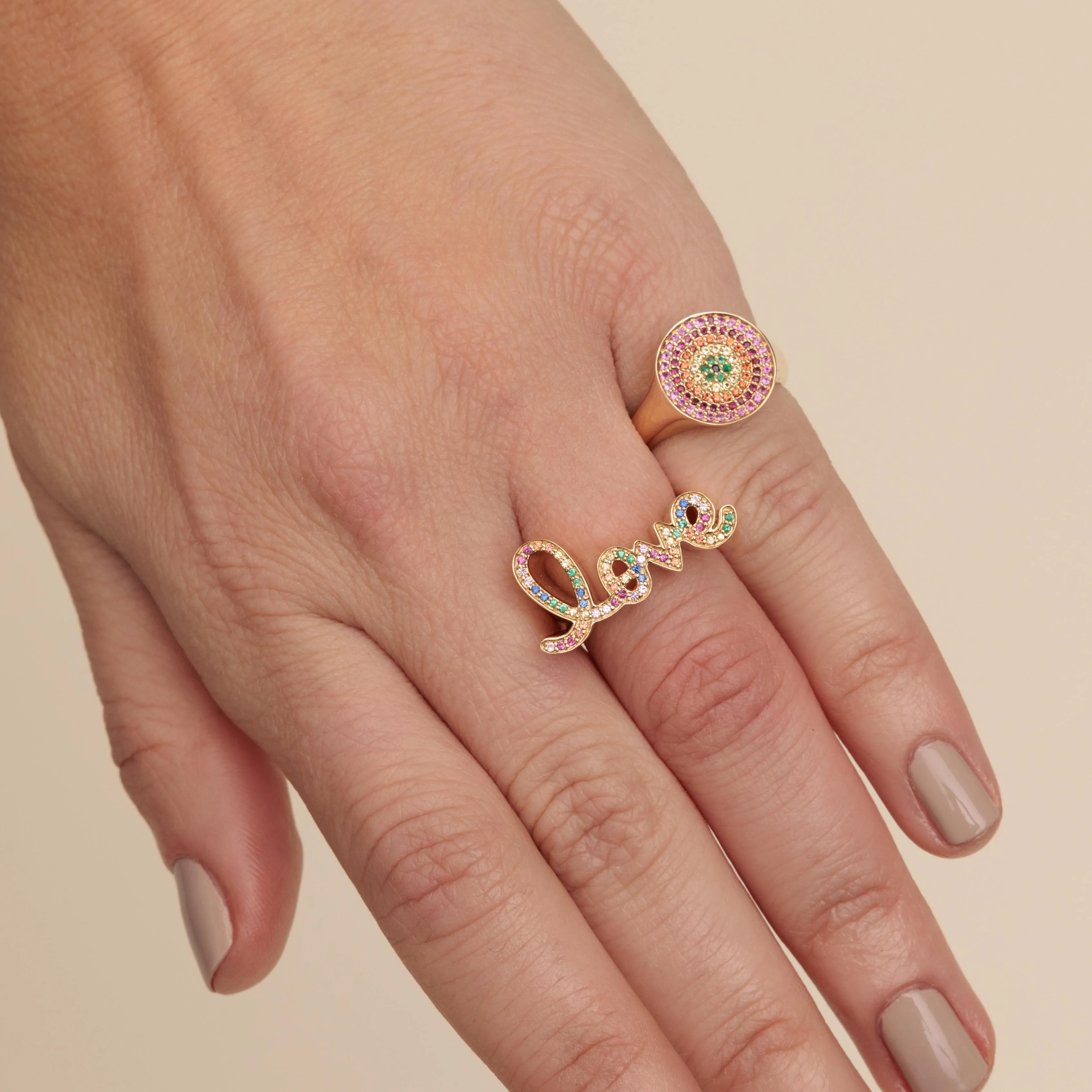 Gold & Rainbow Love Script Block Signet Ring