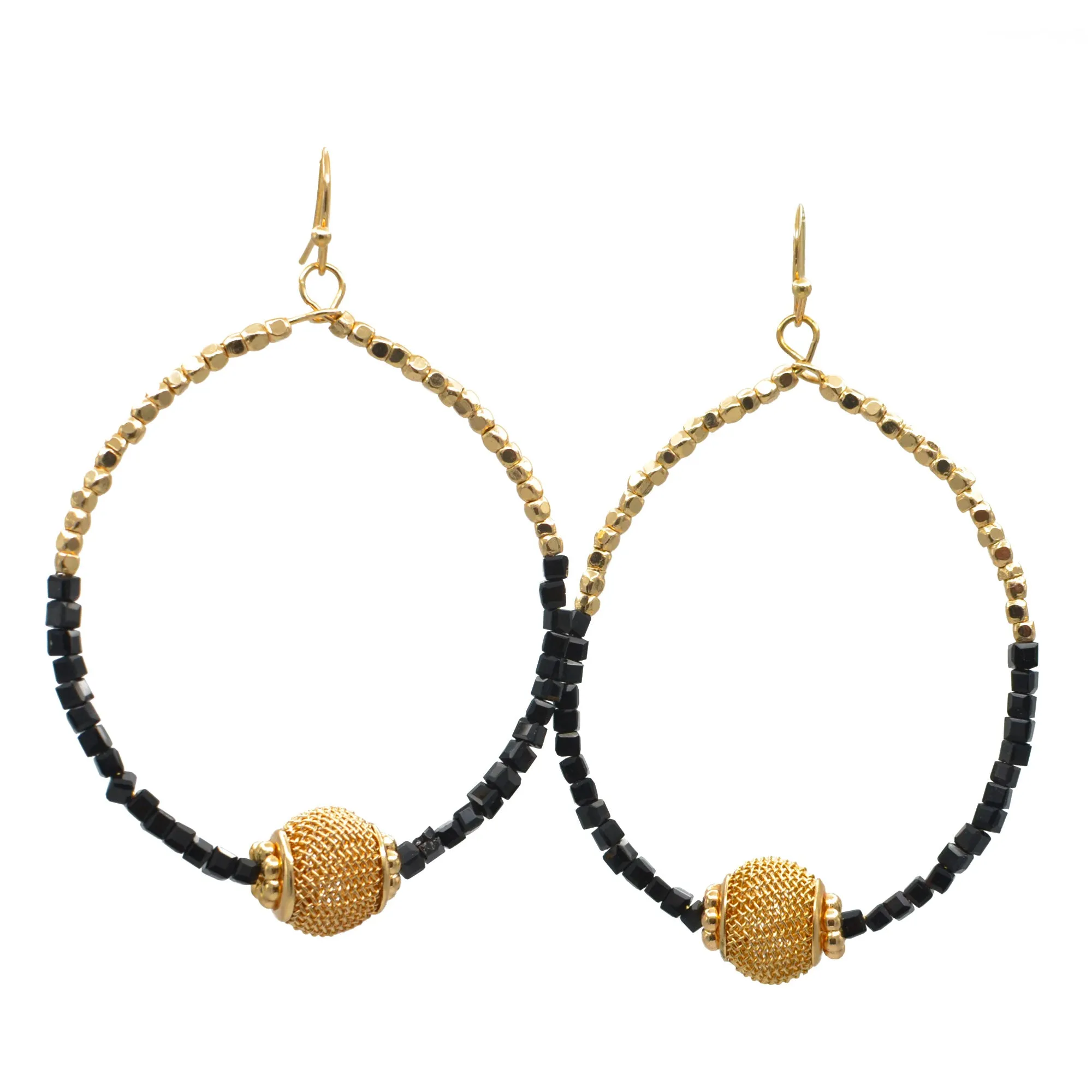 GOLD BALL AND BLACK BEADS DROP EARRINGS #SQGN9122604BK