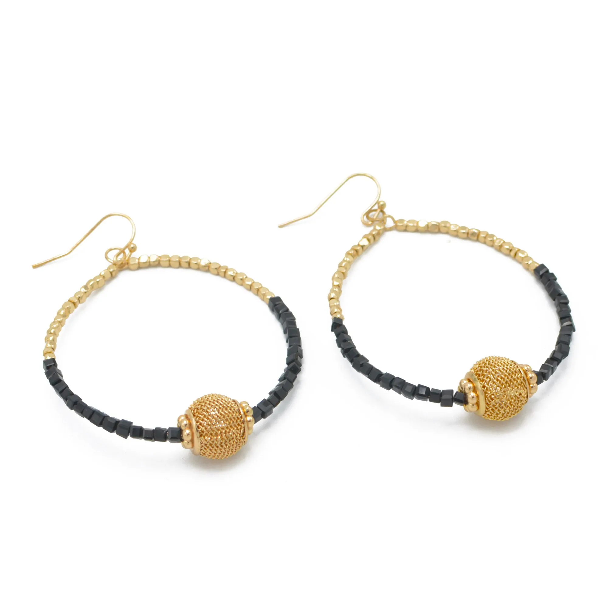 GOLD BALL AND BLACK BEADS DROP EARRINGS #SQGN9122604BK