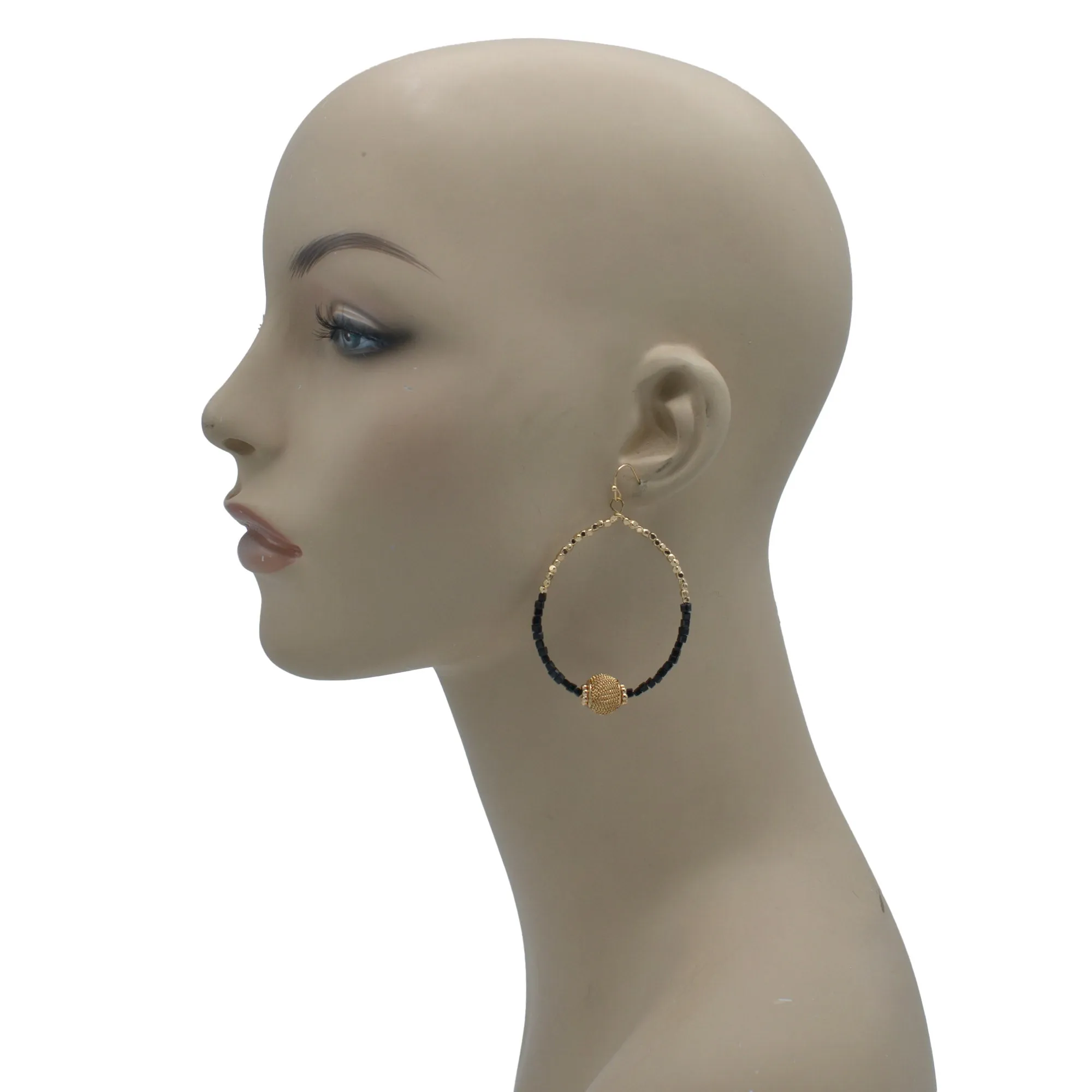 GOLD BALL AND BLACK BEADS DROP EARRINGS #SQGN9122604BK