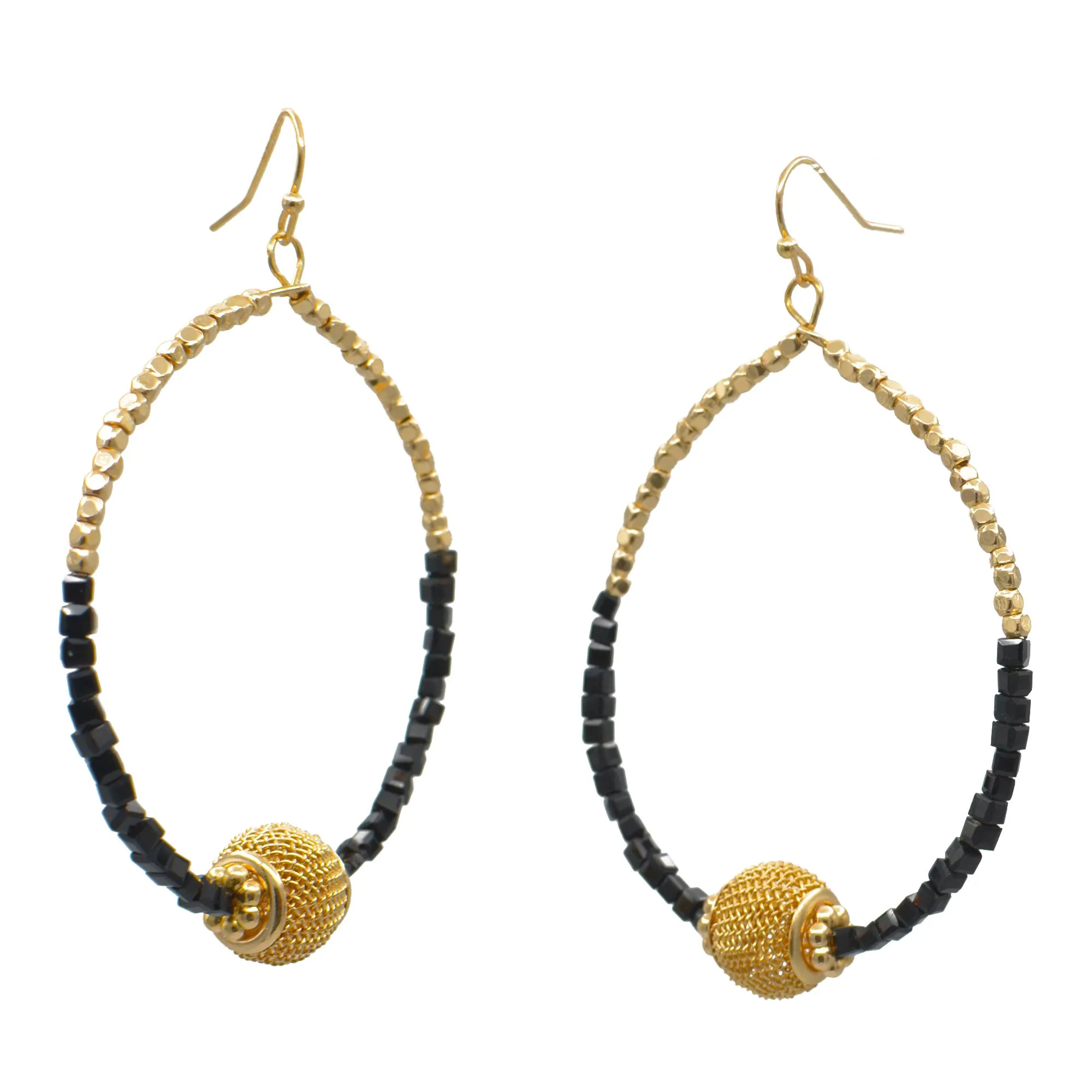 GOLD BALL AND BLACK BEADS DROP EARRINGS #SQGN9122604BK