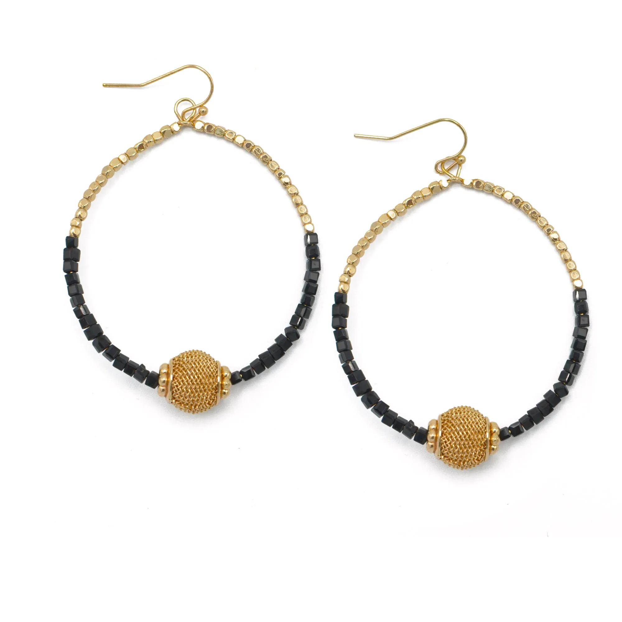 GOLD BALL AND BLACK BEADS DROP EARRINGS #SQGN9122604BK