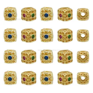Gold Cube Spacer Beads with Ruby, Emerald & Sapphire Accents | Qty : 1pc | Size : 8mm