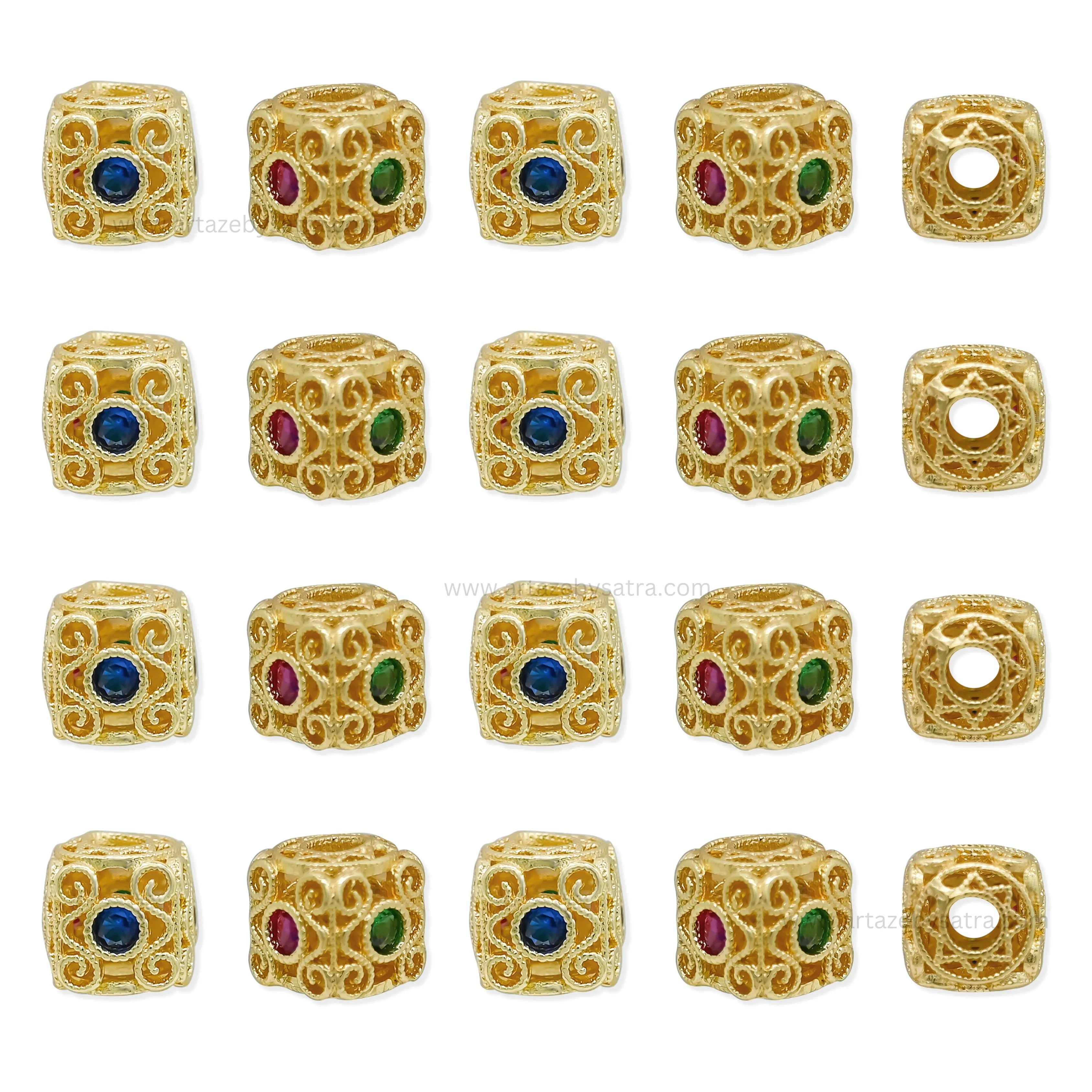Gold Cube Spacer Beads with Ruby, Emerald & Sapphire Accents | Qty : 1pc | Size : 8mm