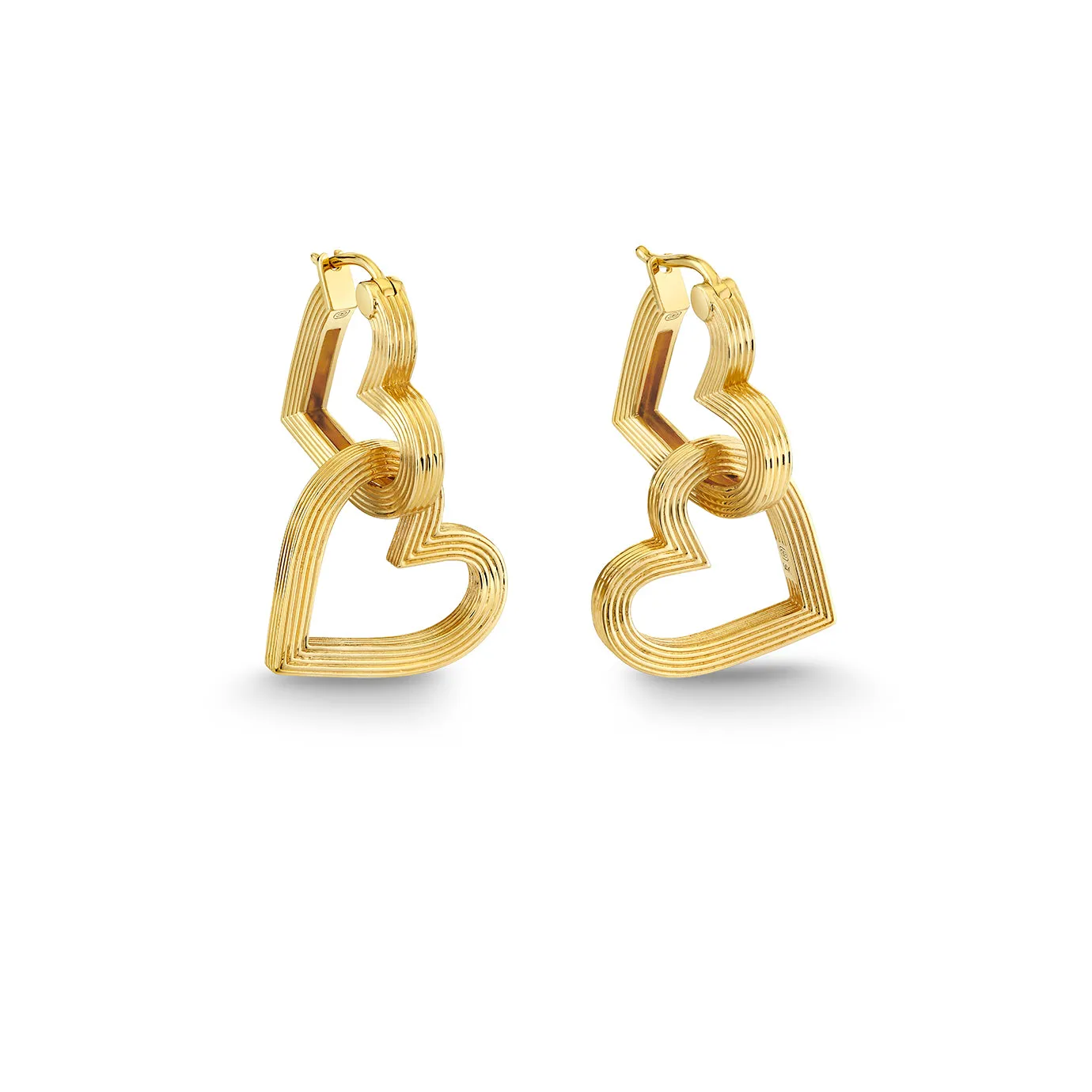 Gold Fluted Double Heart Hoops