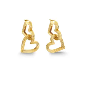 Gold Fluted Double Heart Hoops