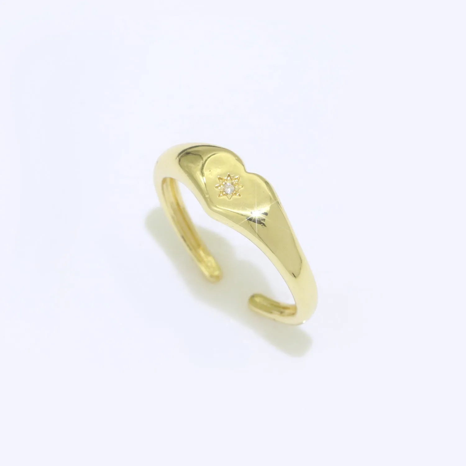 Gold Heart Signet Ring Open Adjustable Ring CZ Polaris Star burst Stackable Chunky Bold Celestial Ring Jewelry Gift, S-109