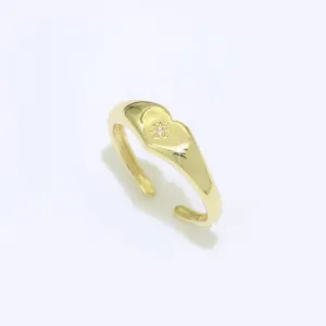 Gold Heart Signet Ring Open Adjustable Ring CZ Polaris Star burst Stackable Chunky Bold Celestial Ring Jewelry Gift, S-109