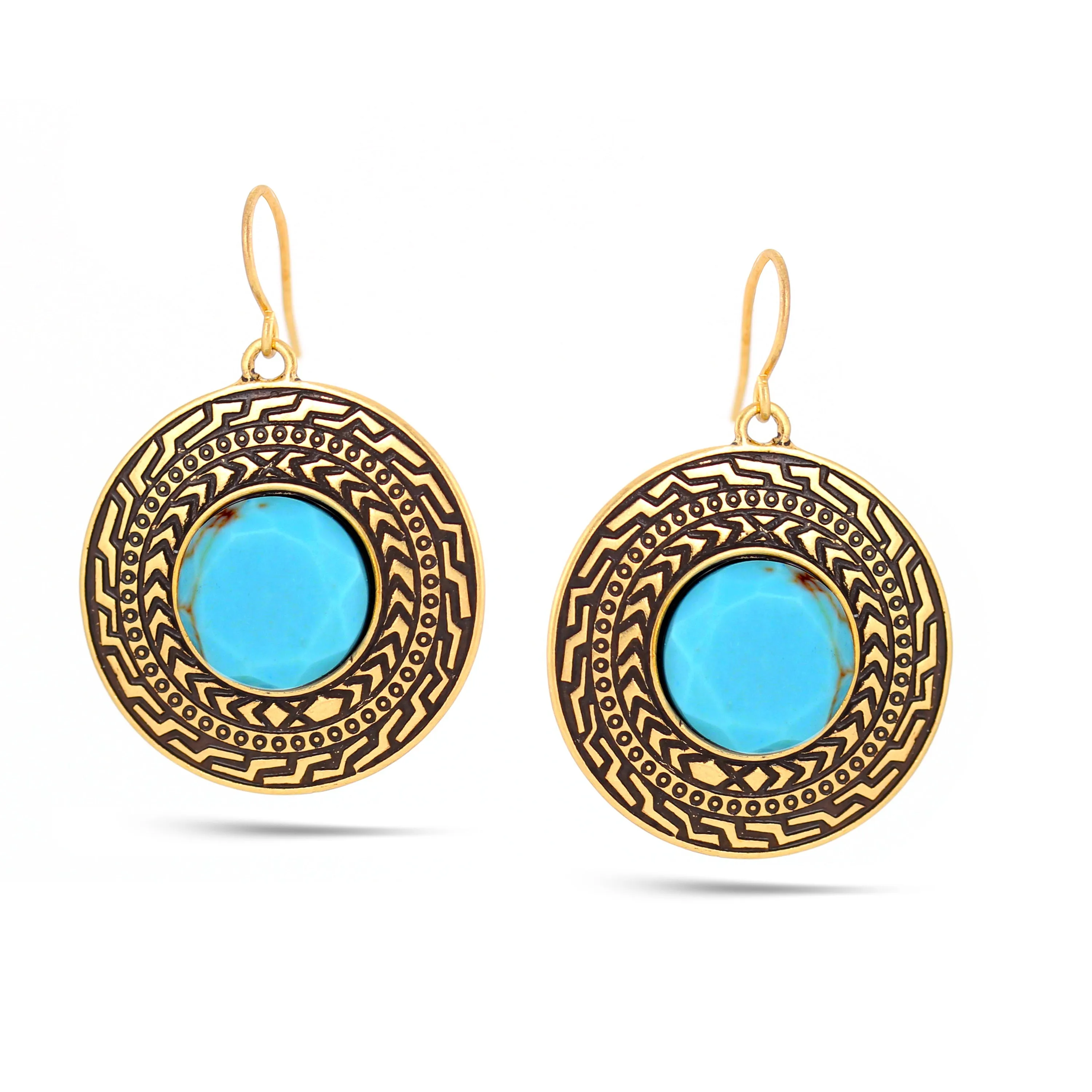 GOLD OXIDIZED TURQUOISE ROUND EARRINGS #HNE86048GDTQ (TC18)